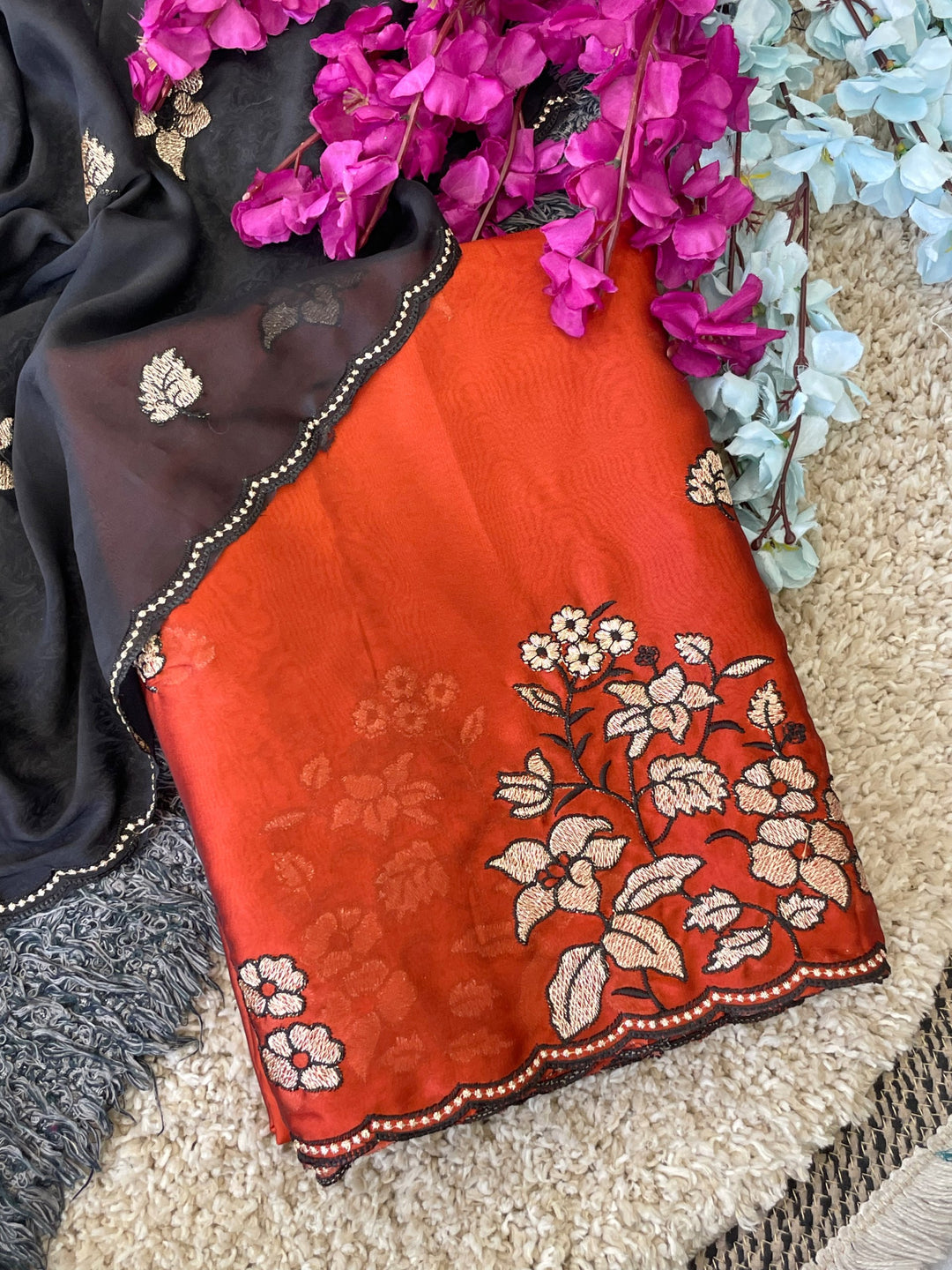 Elegance Premium Rangoli Silk Saree with Floral Zari Embroidery &amp; Designer Blouse -ORANGE