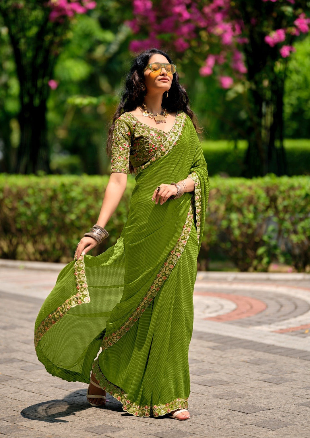 Premium Georgette Leheriya Mothda Print Saree with Embroidery Sequence Lace Border &amp; Designer Blouse Piece - PARROT