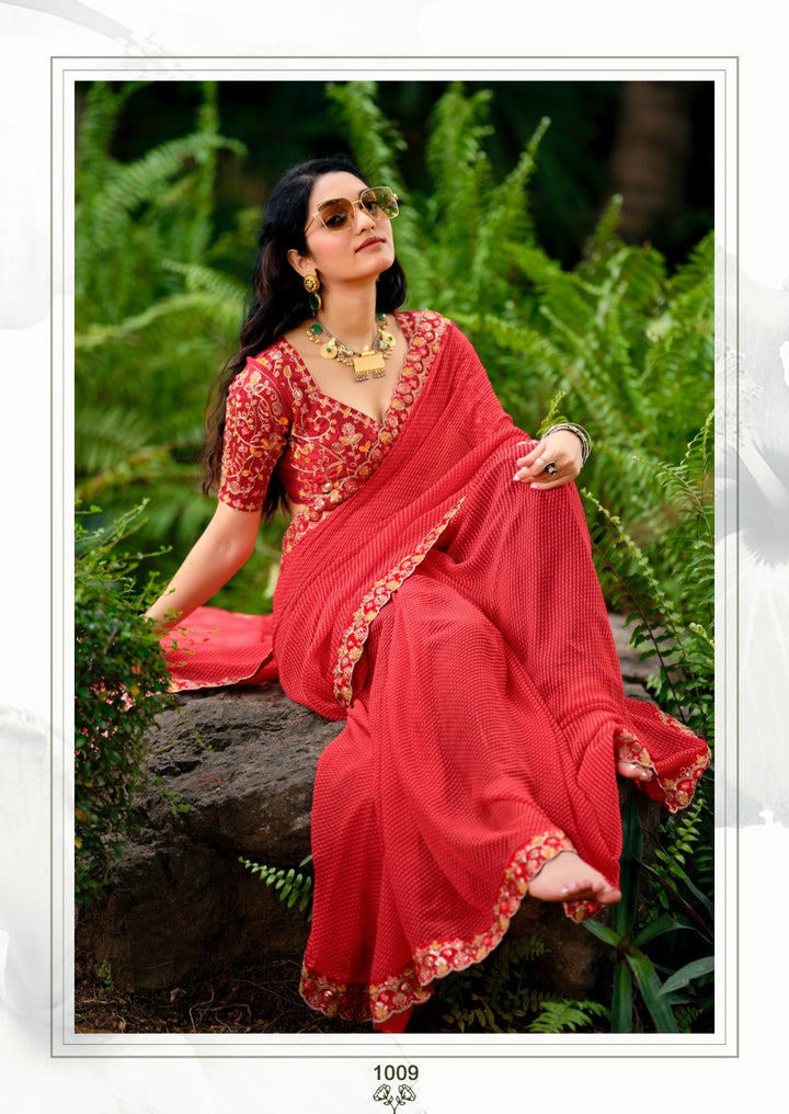 Premium Georgette Leheriya Mothda Print Saree with Embroidery Sequence Lace Border &amp; Designer Blouse Piece - RED