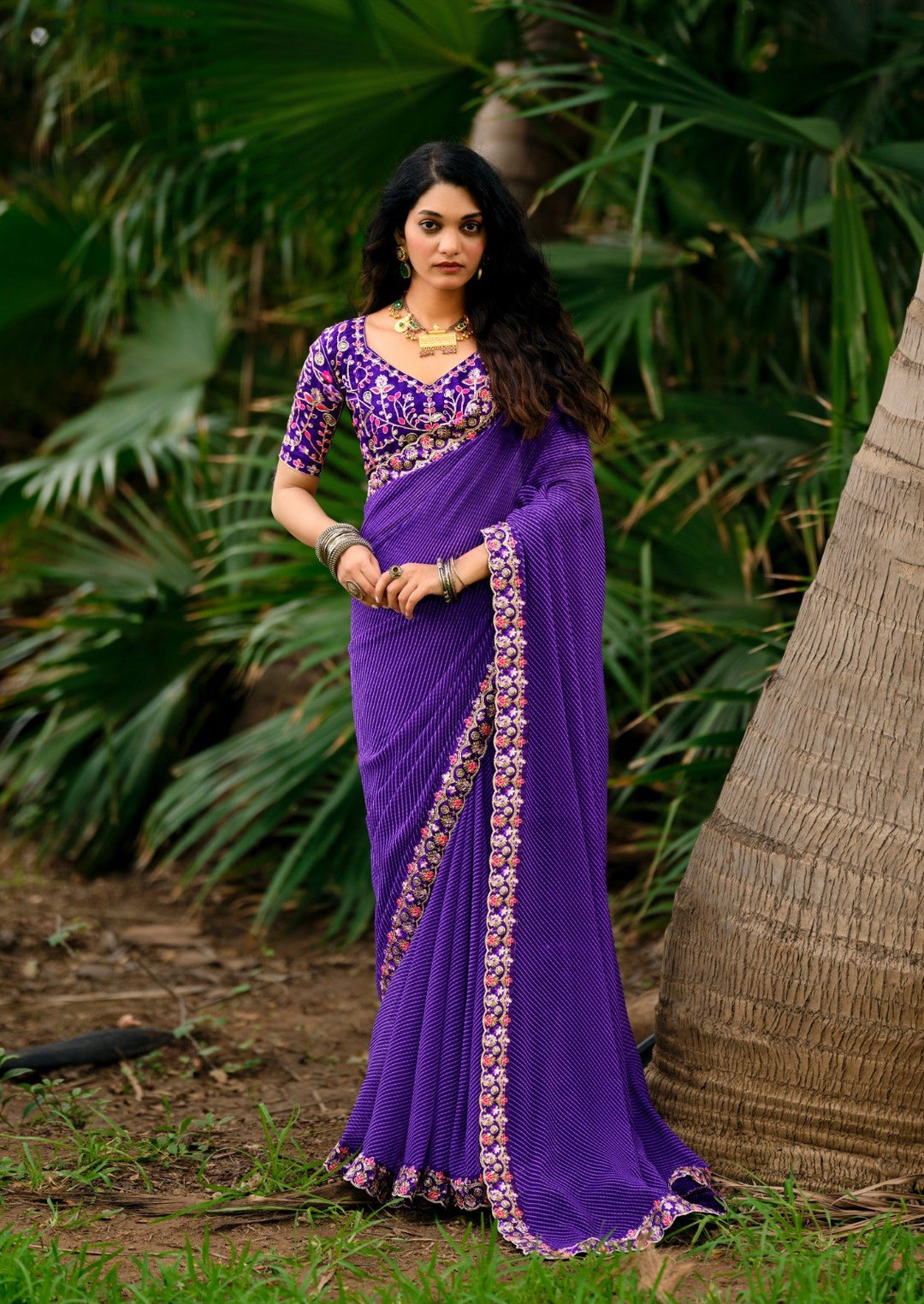 Premium Georgette Leheriya Mothda Print Saree with Embroidery Sequence Lace Border &amp; Designer Blouse Piece - PURPLE