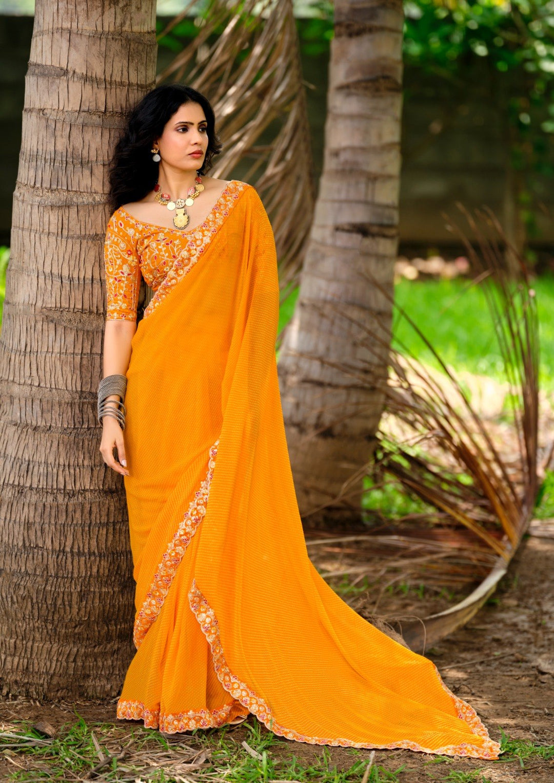 Premium Georgette Leheriya Mothda Print Saree with Embroidery Sequence Lace Border &amp; Designer Blouse Piece - YELLOW