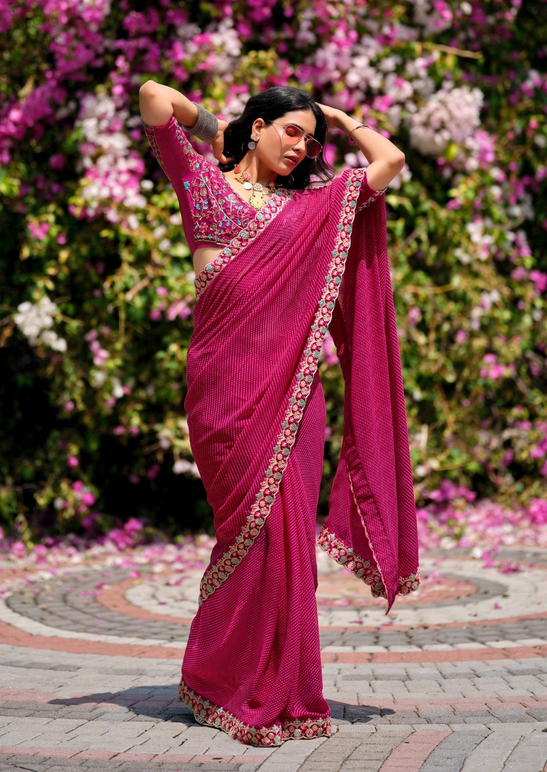Premium Georgette Leheriya Mothda Print Saree with Embroidery Sequence Lace Border &amp; Designer Blouse Piece - PINK