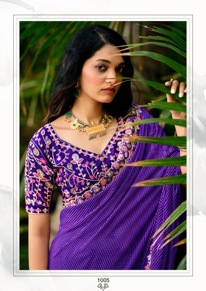 Premium Georgette Leheriya Mothda Print Saree with Embroidery Sequence Lace Border &amp; Designer Blouse Piece - PURPLE