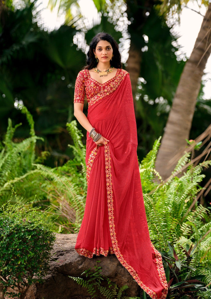 Premium Georgette Leheriya Mothda Print Saree with Embroidery Sequence Lace Border &amp; Designer Blouse Piece - RED