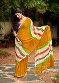 Graceful Chiffon Saree with Artistic Brush Print and Woven Border - YELLOW
