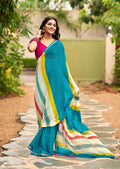 Graceful Chiffon Saree with Artistic Brush Print and Woven Border - SKY BLUE