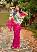 Graceful Chiffon Saree with Artistic Brush Print and Woven Border - DARK PINK