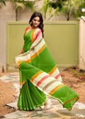 Graceful Chiffon Saree with Artistic Brush Print and Woven Border - PARROT