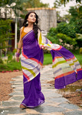 Graceful Chiffon Saree with Artistic Brush Print and Woven Border - PURPLE