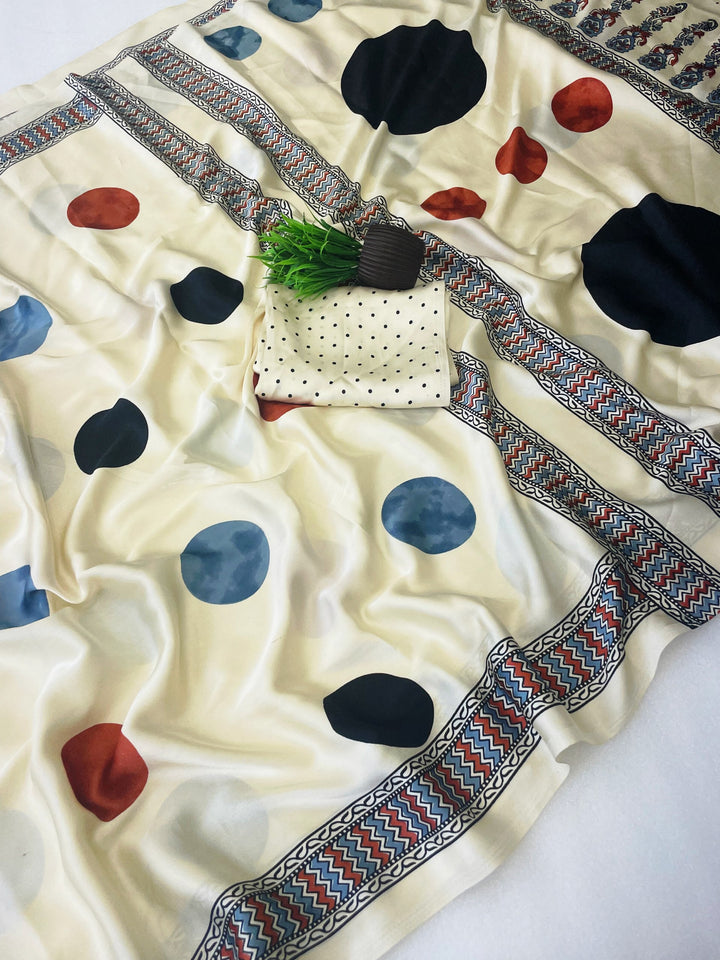 Stylish Multicolor Printed Japan Satin Saree with Unstitched Blouse