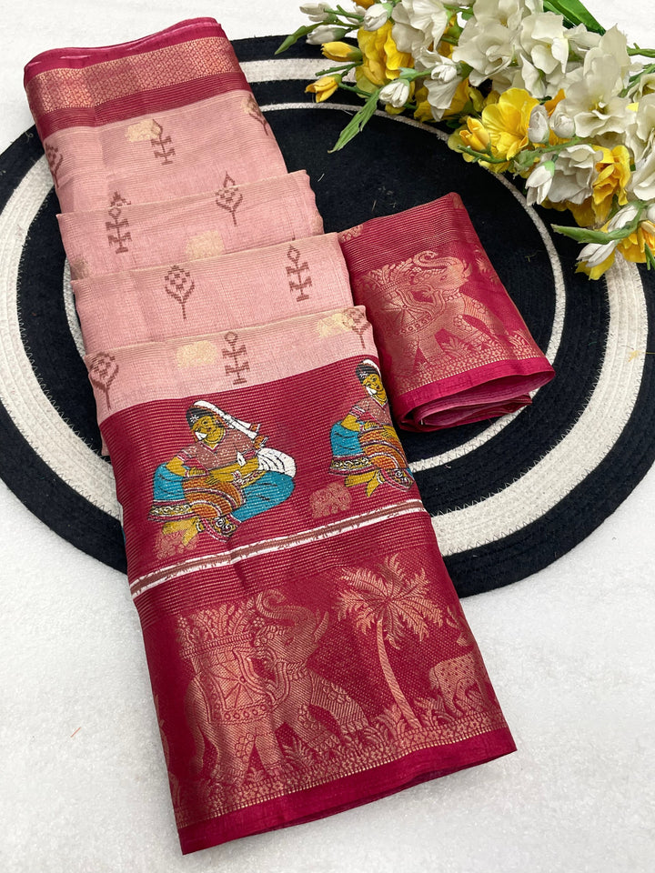 Elegant Two-Tone Floral Moss Mellow Saree with Jacquard Border &amp; Designer Blouse - DARK PINK