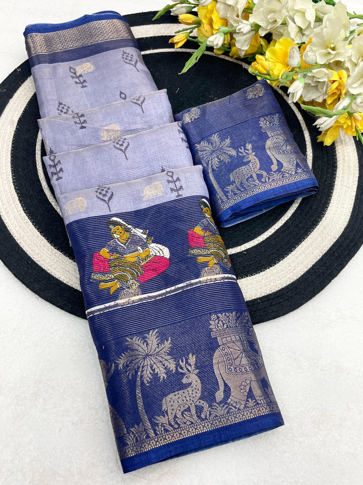 Elegant Two-Tone Floral Moss Mellow Saree with Jacquard Border &amp; Designer Blouse - BLUE