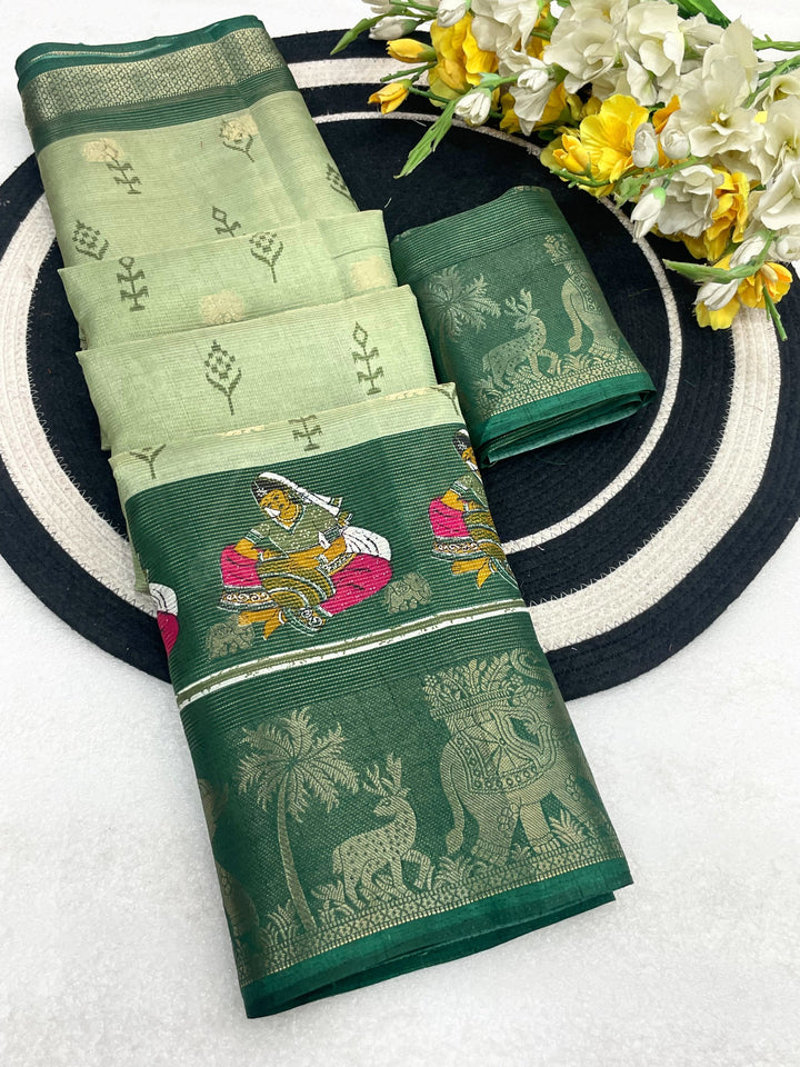 Elegant Two-Tone Floral Moss Mellow Saree with Jacquard Border &amp; Designer Blouse -PISTA