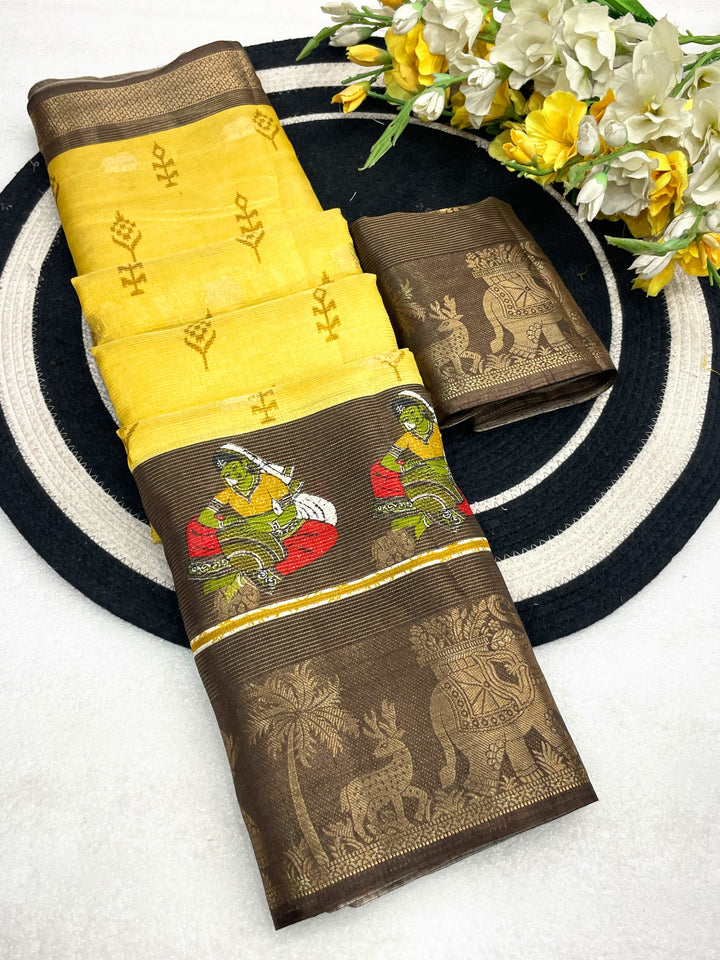 Elegant Two-Tone Floral Moss Mellow Saree with Jacquard Border &amp; Designer Blouse -YELLOW