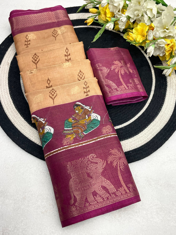Elegant Two-Tone Floral Moss Mellow Saree with Jacquard Border &amp; Designer Blouse -LIGHT GOLDEN