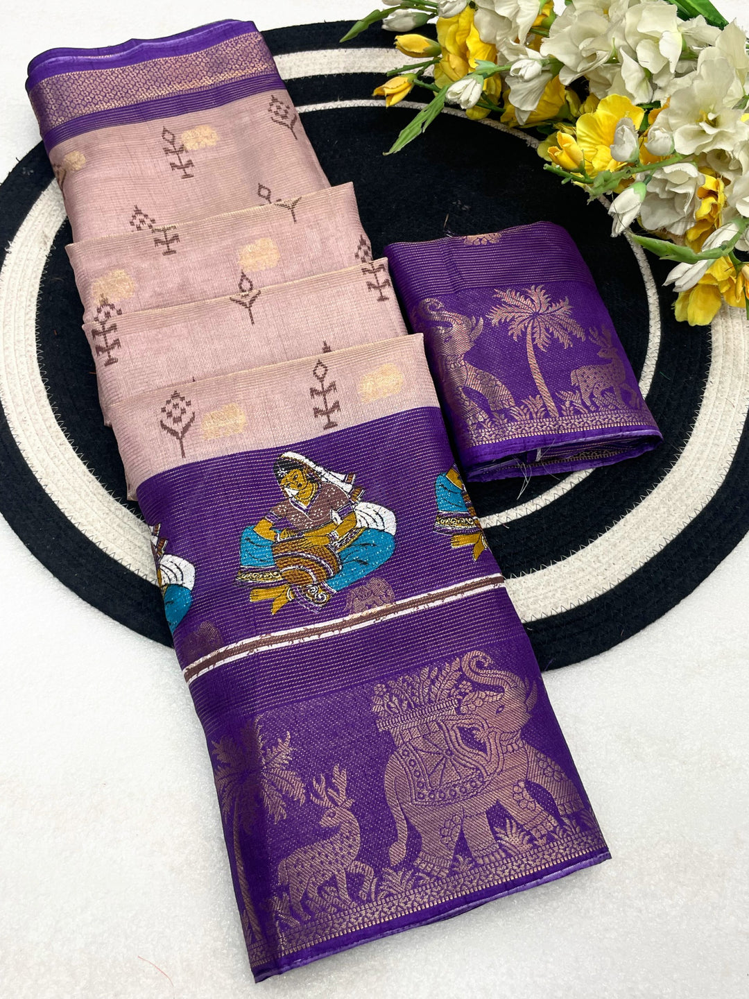 Elegant Two-Tone Floral Moss Mellow Saree with Jacquard Border &amp; Designer Blouse -PURPLE