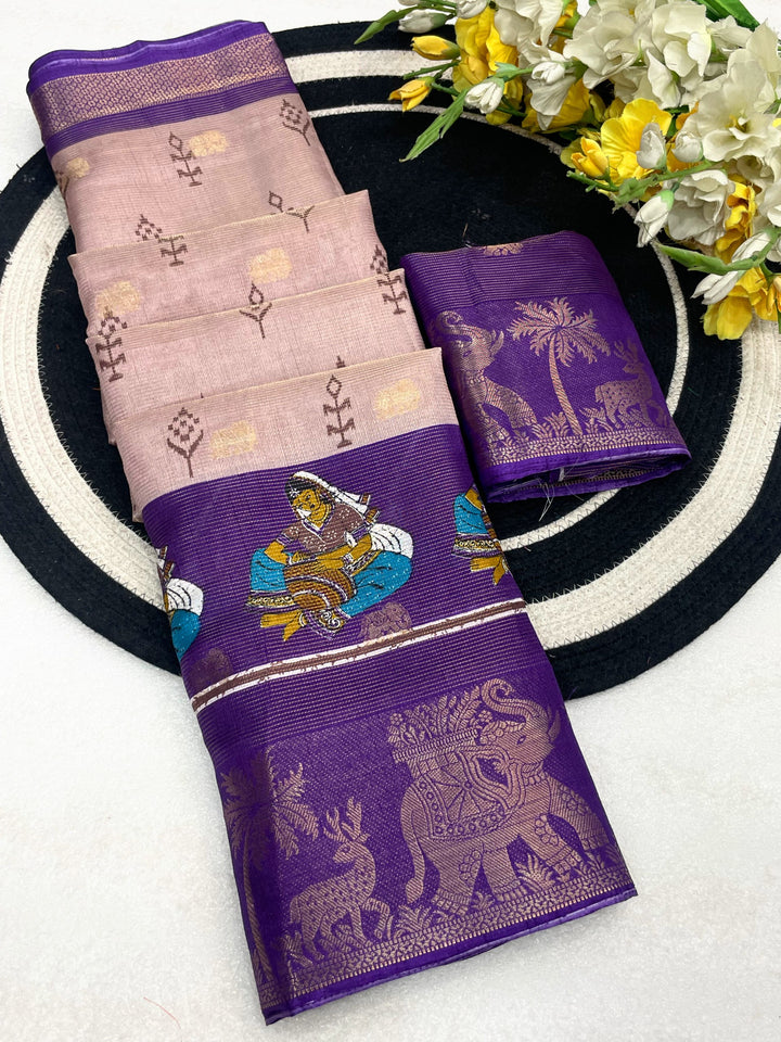 Elegant Two-Tone Floral Moss Mellow Saree with Jacquard Border &amp; Designer Blouse -PURPLE