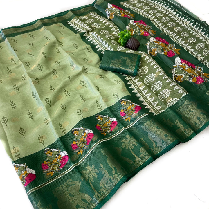 Elegant Two-Tone Floral Moss Mellow Saree with Jacquard Border &amp; Designer Blouse -PISTA