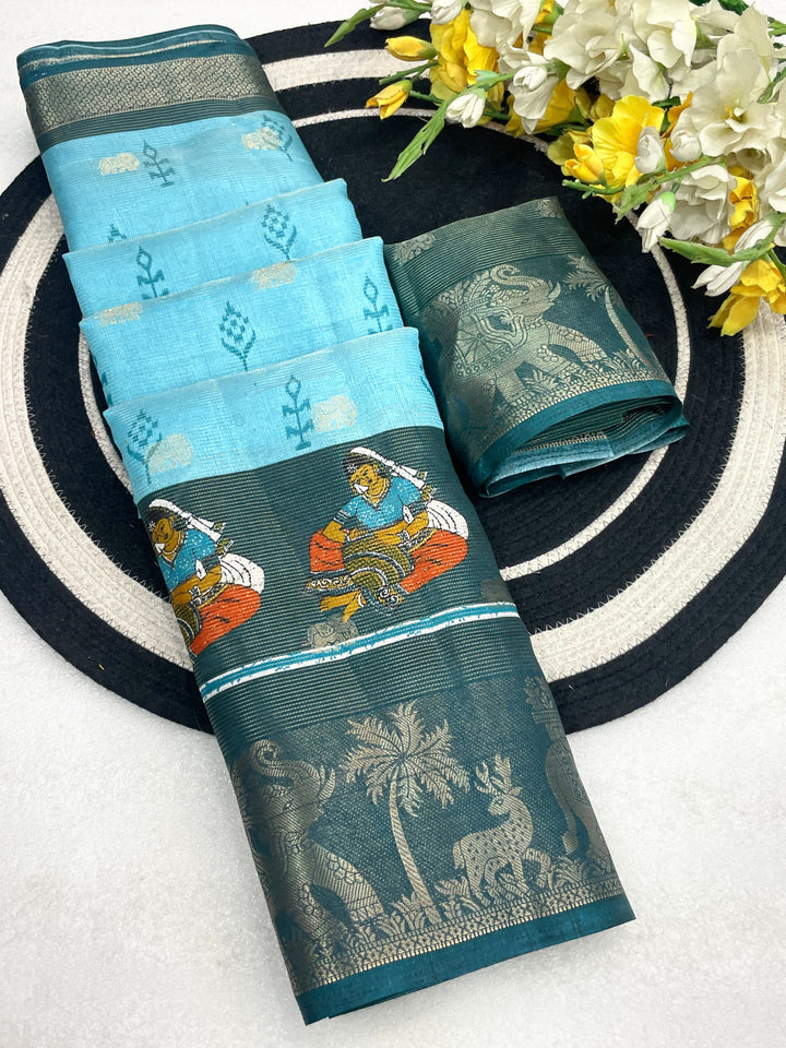 Elegant Two-Tone Floral Moss Mellow Saree with Jacquard Border &amp; Designer Blouse -SKY
