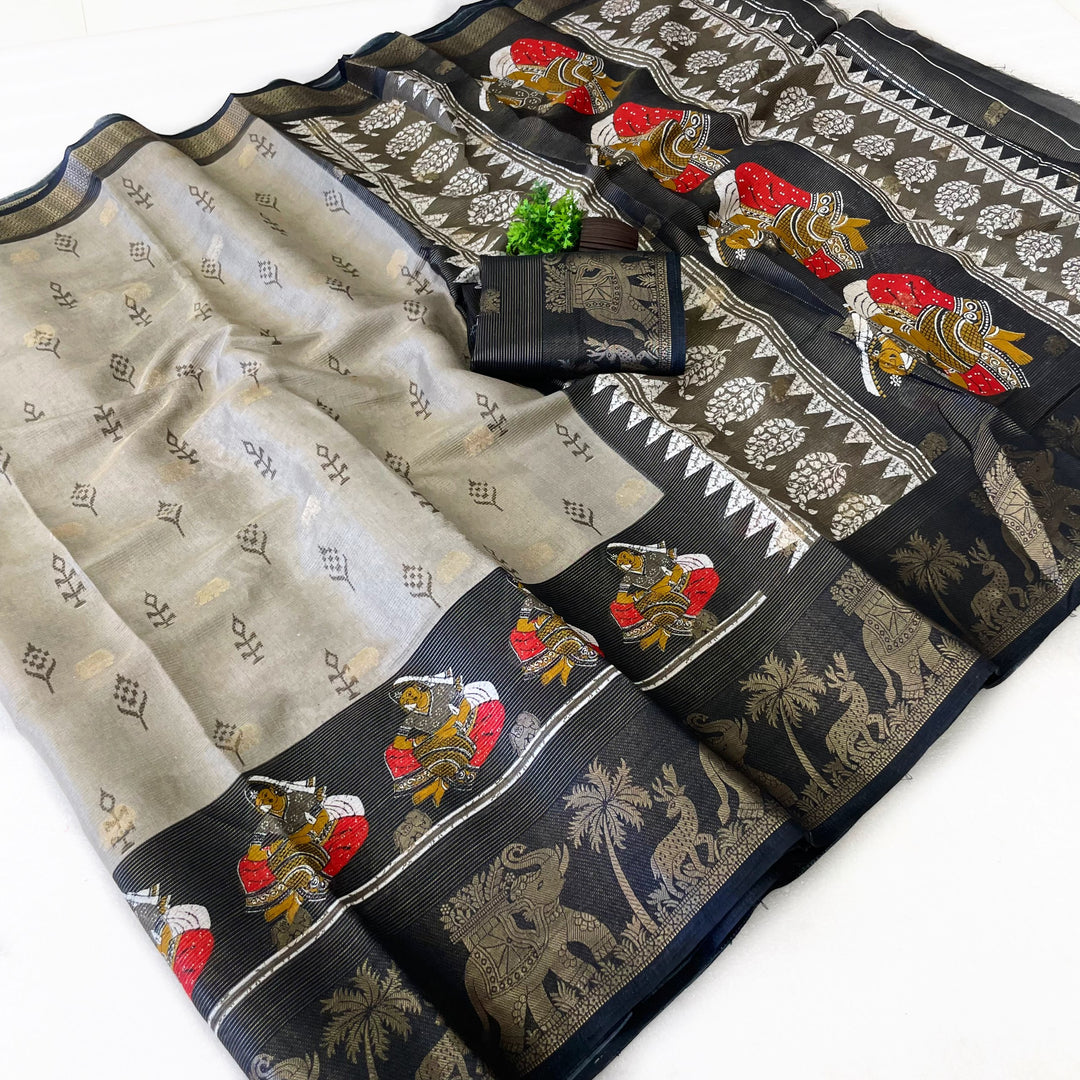 Elegant Two-Tone Floral Moss Mellow Saree with Jacquard Border &amp; Designer Blouse -GRAY