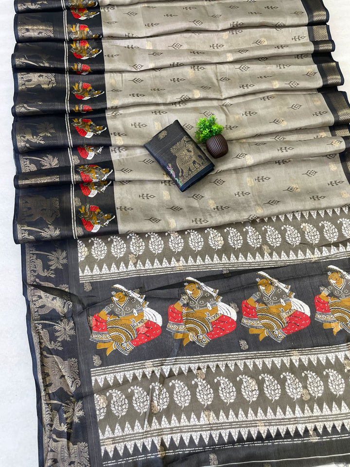 Elegant Two-Tone Floral Moss Mellow Saree with Jacquard Border &amp; Designer Blouse -GRAY