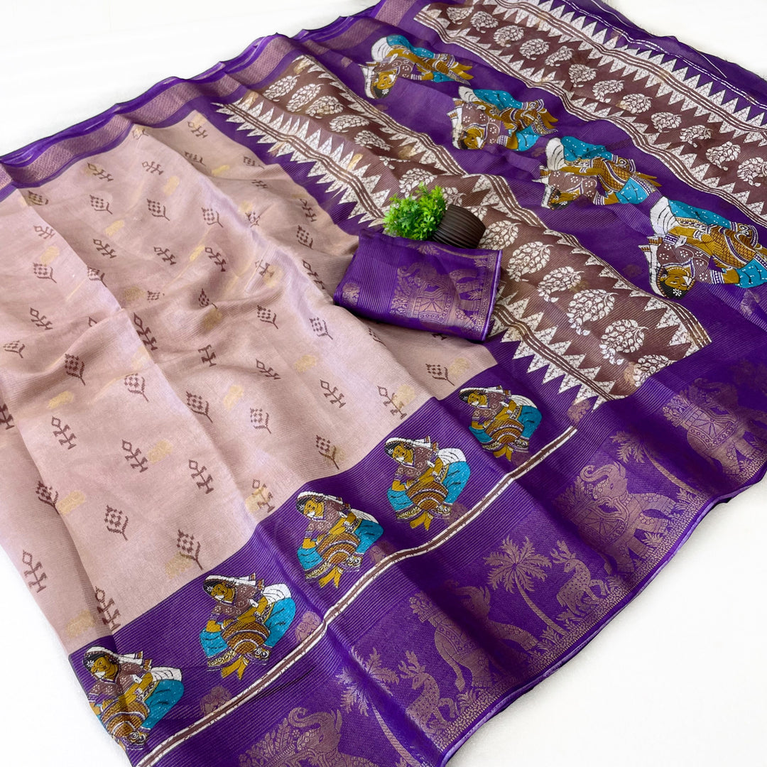 Elegant Two-Tone Floral Moss Mellow Saree with Jacquard Border &amp; Designer Blouse -PURPLE