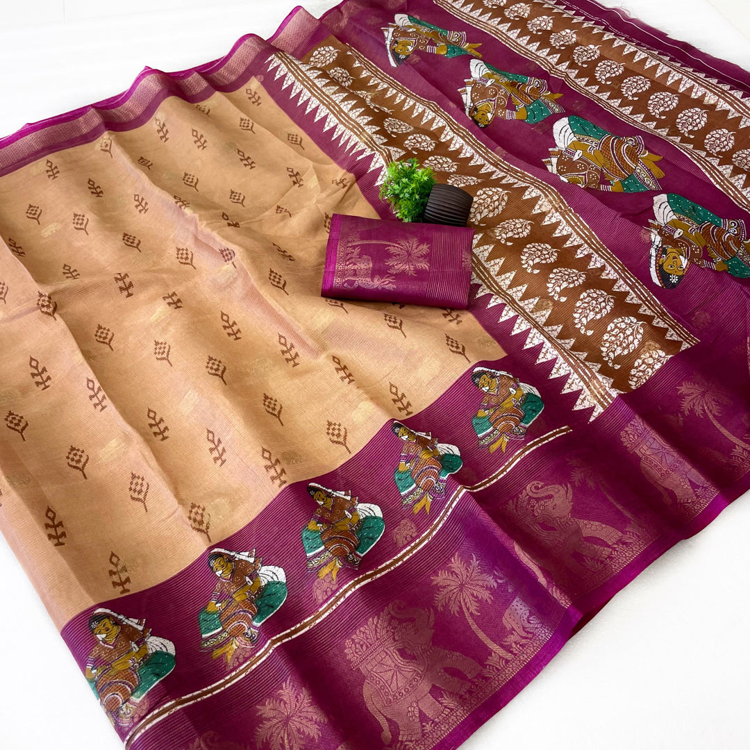 Elegant Two-Tone Floral Moss Mellow Saree with Jacquard Border &amp; Designer Blouse -LIGHT GOLDEN