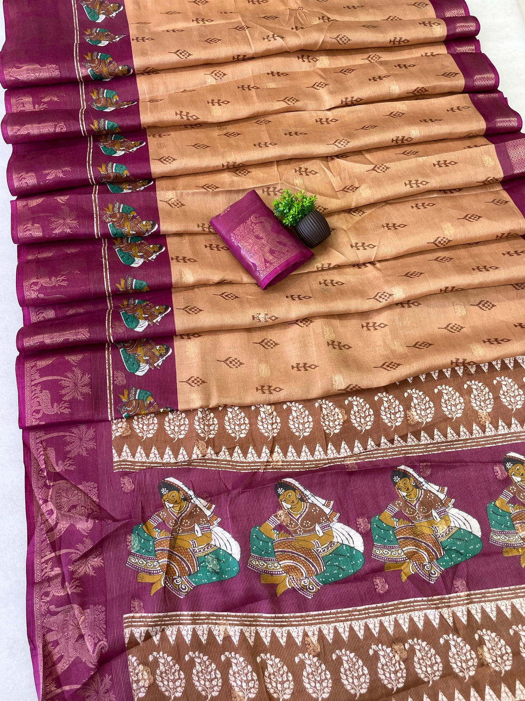 Elegant Two-Tone Floral Moss Mellow Saree with Jacquard Border &amp; Designer Blouse -LIGHT GOLDEN
