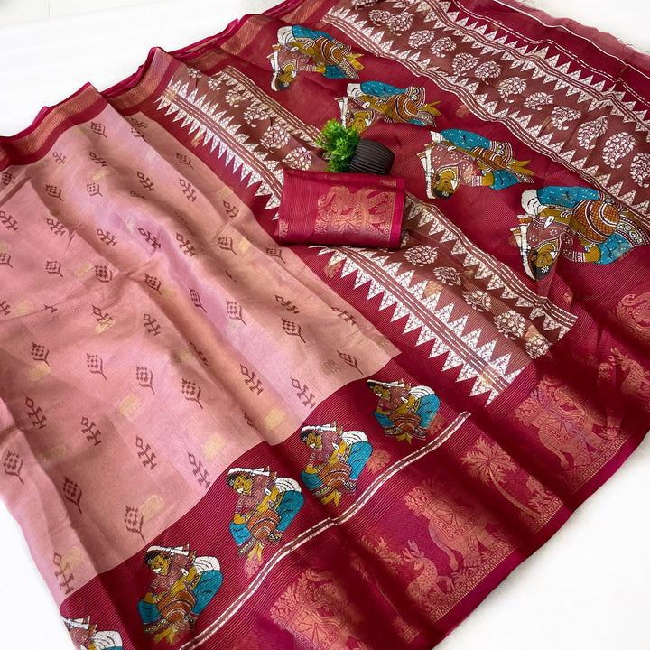 Elegant Two-Tone Floral Moss Mellow Saree with Jacquard Border &amp; Designer Blouse - DARK PINK