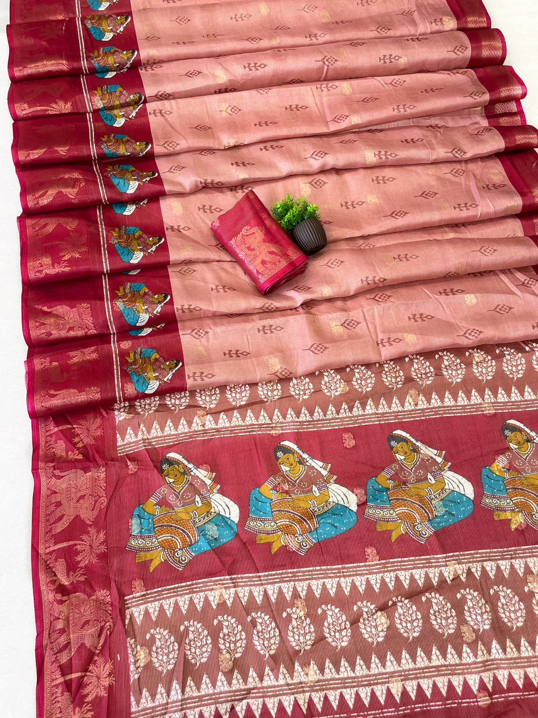 Elegant Two-Tone Floral Moss Mellow Saree with Jacquard Border &amp; Designer Blouse - DARK PINK