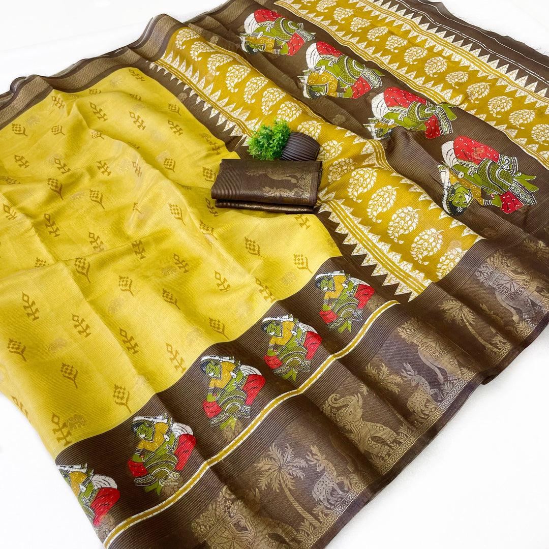 Elegant Two-Tone Floral Moss Mellow Saree with Jacquard Border &amp; Designer Blouse -YELLOW