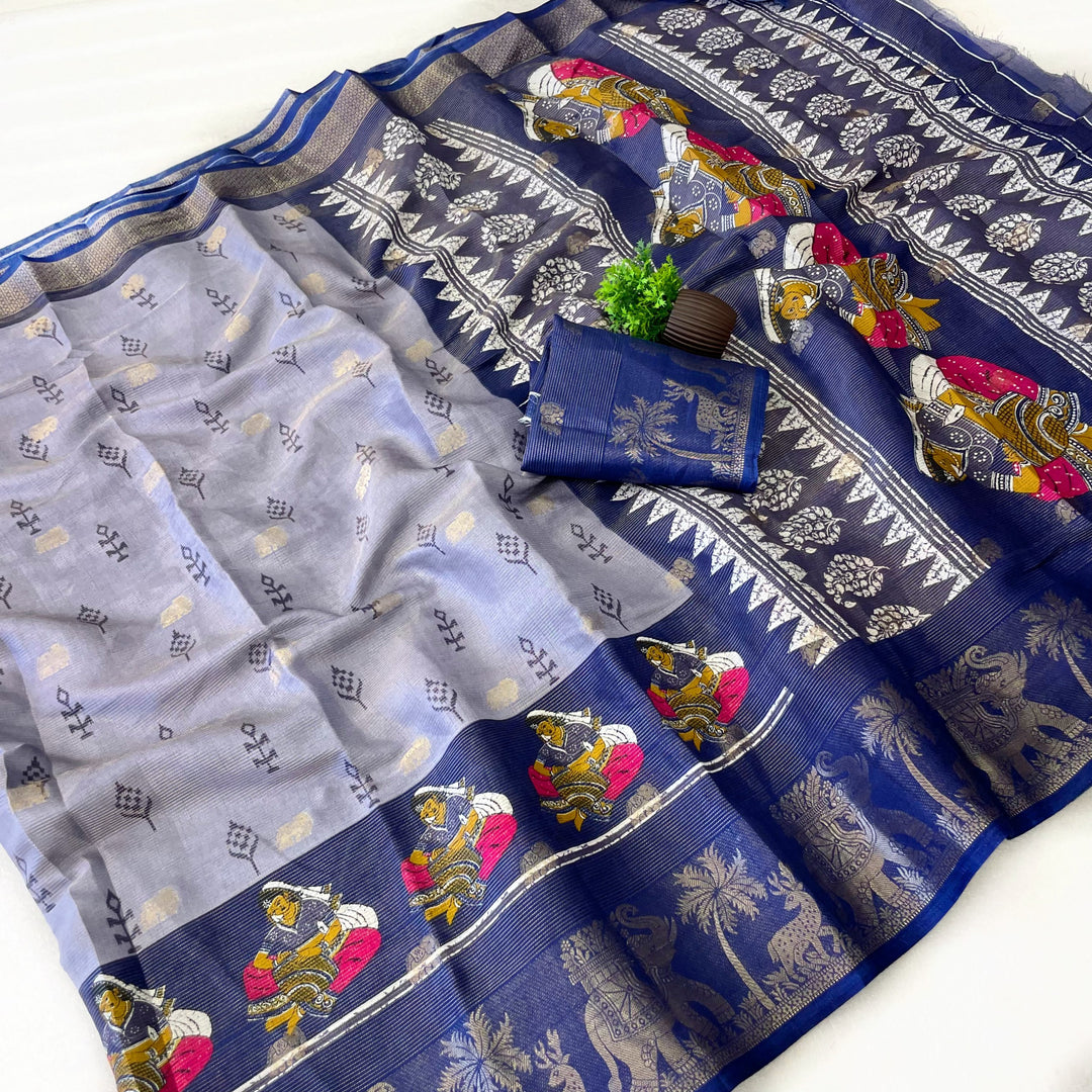 Elegant Two-Tone Floral Moss Mellow Saree with Jacquard Border &amp; Designer Blouse - BLUE