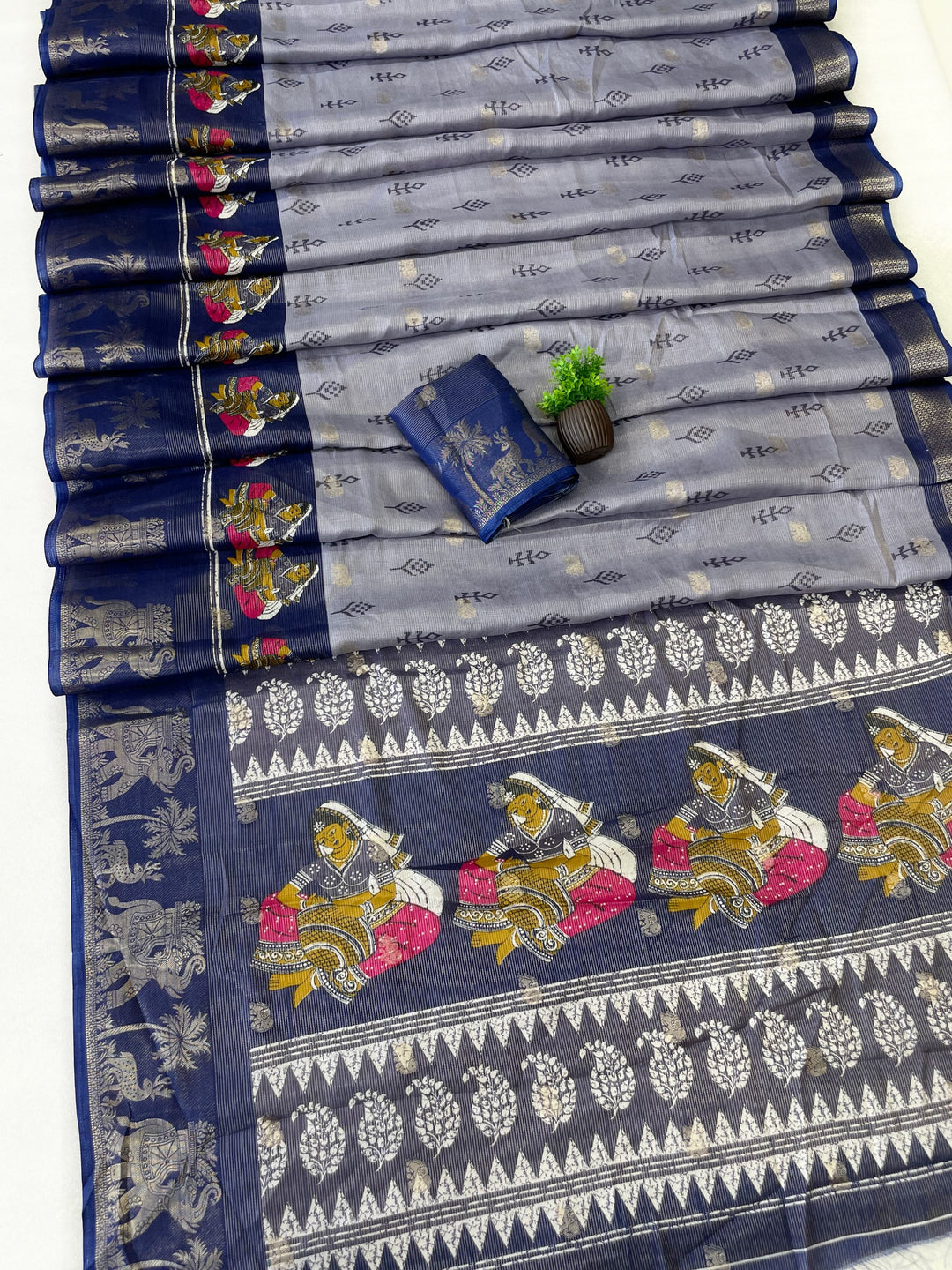 Elegant Two-Tone Floral Moss Mellow Saree with Jacquard Border &amp; Designer Blouse - BLUE