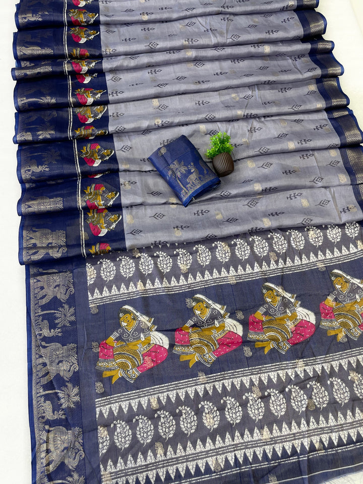 Elegant Two-Tone Floral Moss Mellow Saree with Jacquard Border &amp; Designer Blouse - BLUE