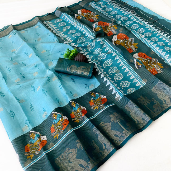 Elegant Two-Tone Floral Moss Mellow Saree with Jacquard Border &amp; Designer Blouse -SKY