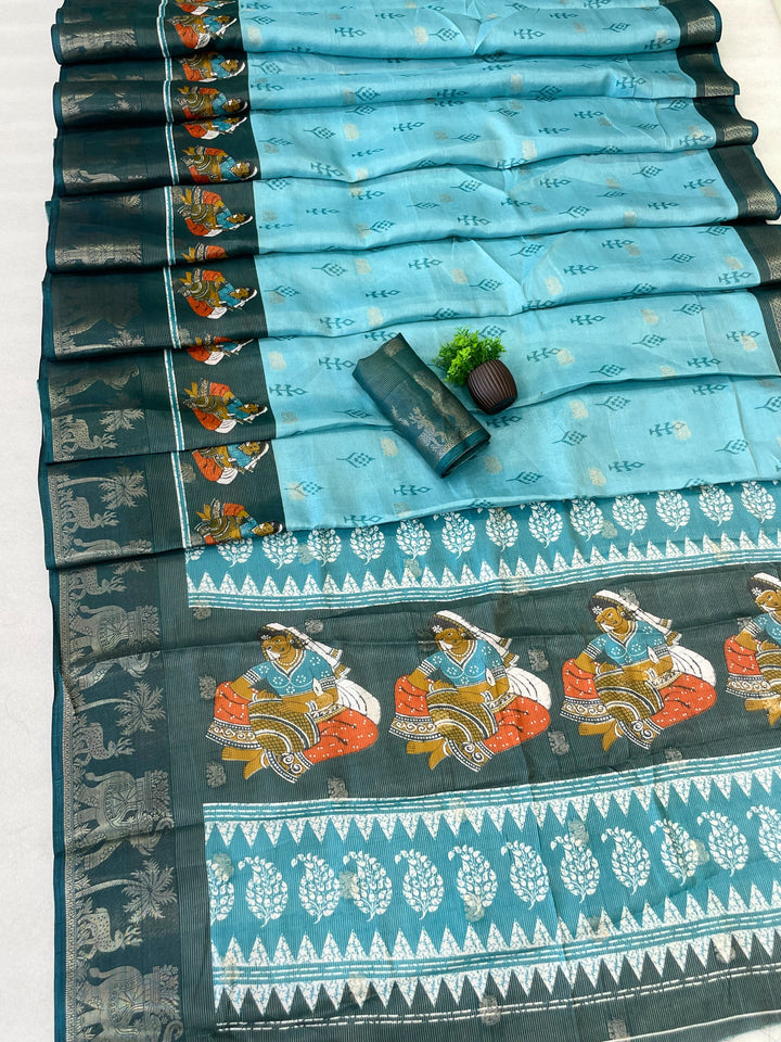 Elegant Two-Tone Floral Moss Mellow Saree with Jacquard Border &amp; Designer Blouse -SKY