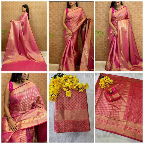Bold Pink Colour Kanjivaram Woven Silk Saree With Blouse Piece