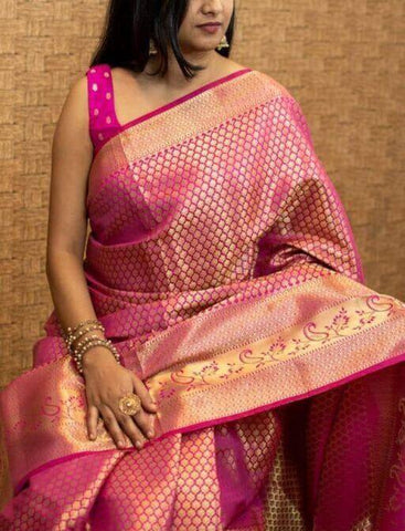 Bold Pink Colour Kanjivaram Woven Silk Saree With Blouse Piece