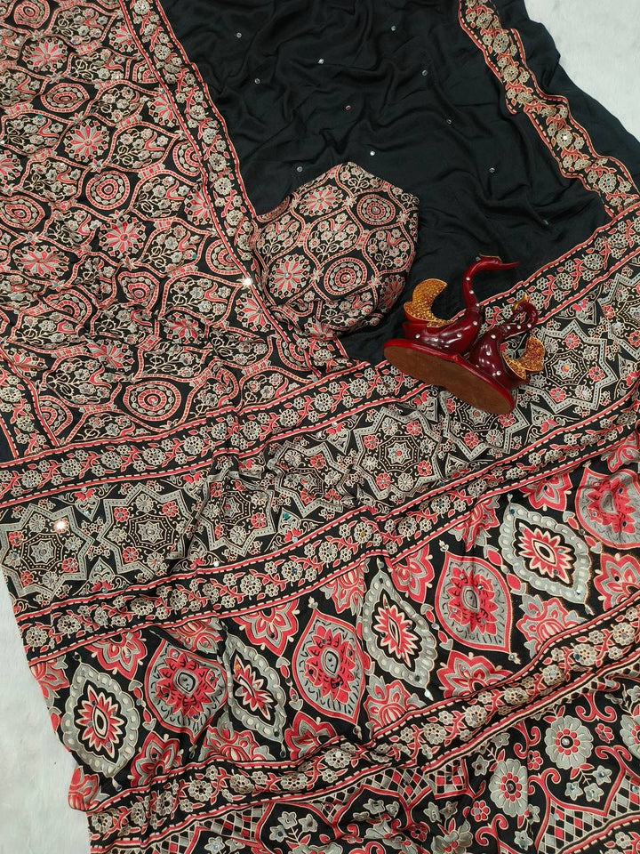 Heritage Ajrakh Glam Saree-Black