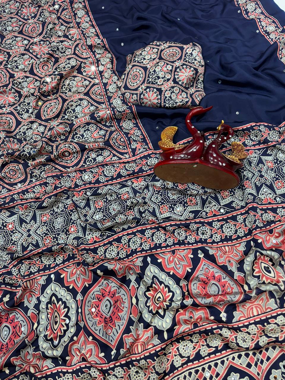 Heritage Ajrakh Glam Saree- Navy Blue