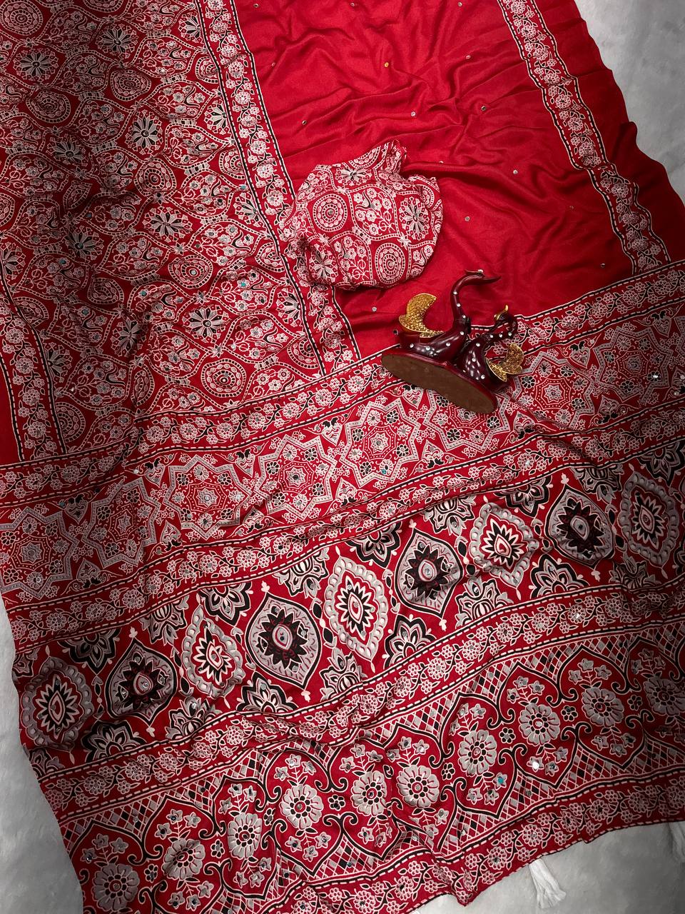 Heritage Ajrakh Glam Saree- Red