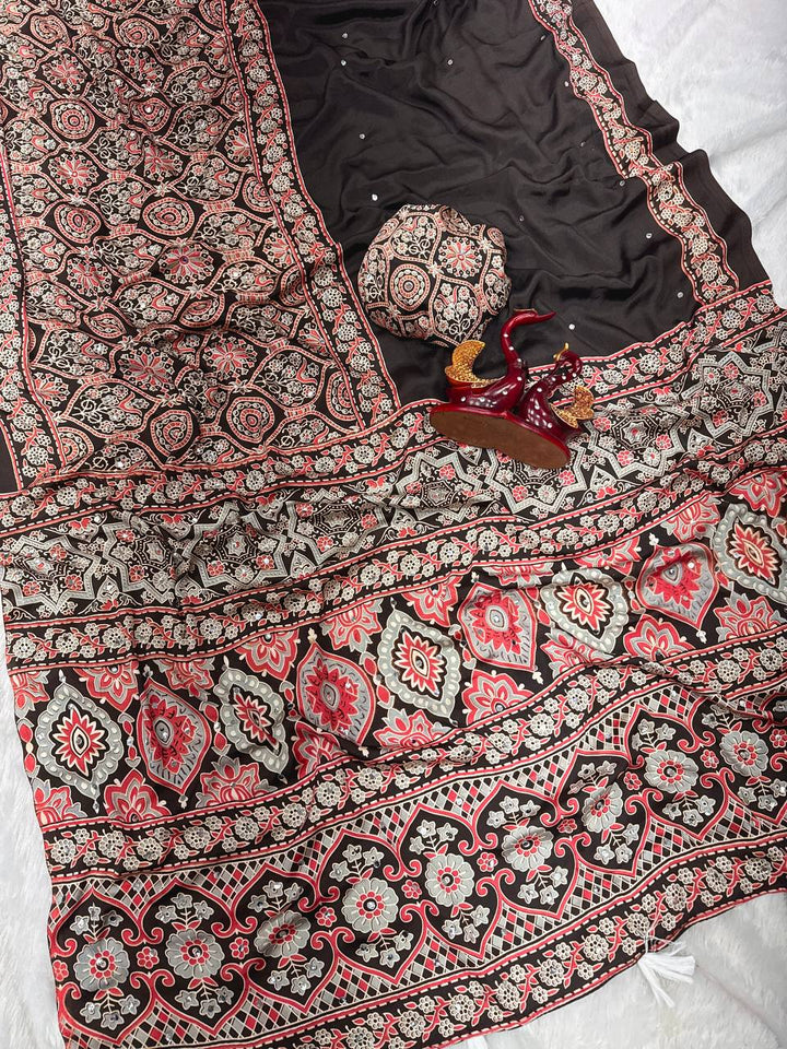 Heritage Ajrakh Glam Saree-Black