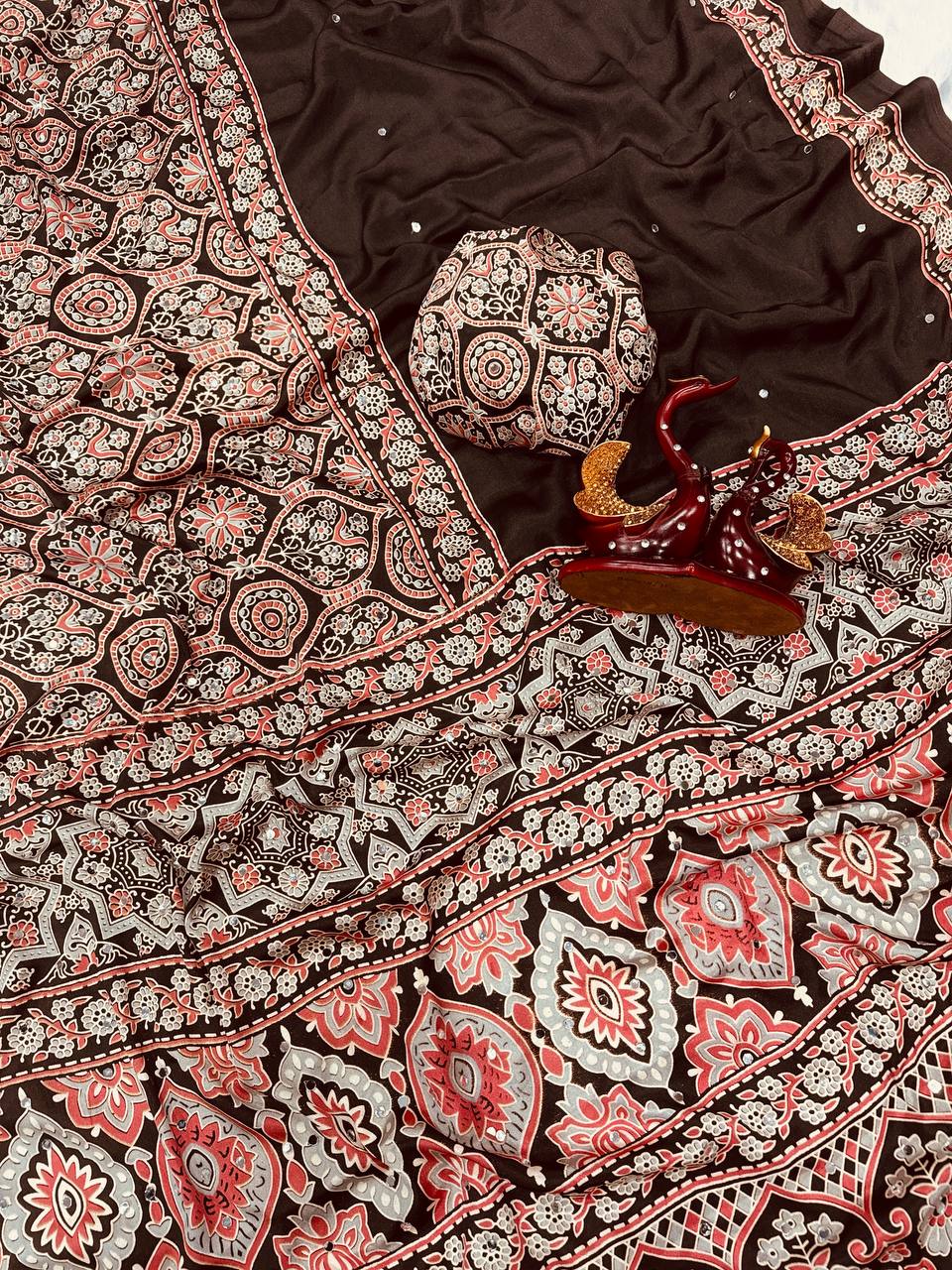 Heritage Ajrakh Glam Saree- Brown