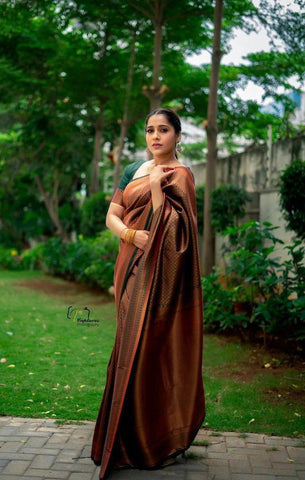 Brown Colour Kanjivaram Woven Silk Saree With Blouse Piece