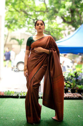 Brown Colour Kanjivaram Woven Silk Saree With Blouse Piece