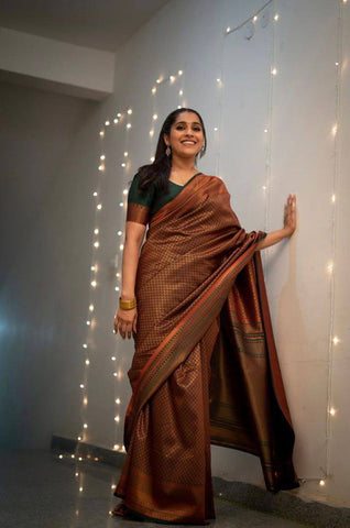 Brown Colour Kanjivaram Woven Silk Saree With Blouse Piece