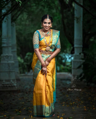 Yellow and Rama Colour Kanjivaram Woven Silk Saree With Blouse Piece