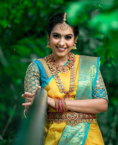 Yellow and Rama Colour Kanjivaram Woven Silk Saree With Blouse Piece