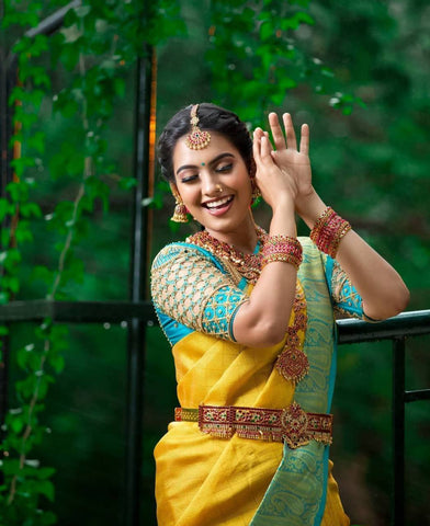 Yellow and Rama Colour Kanjivaram Woven Silk Saree With Blouse Piece