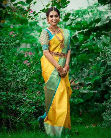 Yellow and Rama Colour Kanjivaram Woven Silk Saree With Blouse Piece